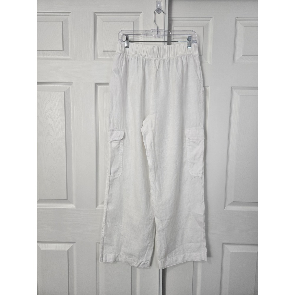 C&C California Womens White 100% Linen Wide Leg Cargo Pants Size M Elastic Waist - Picture 5 of 6